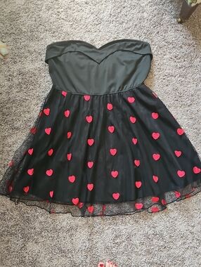 Black Strapless Dress with Red Heart Appliqués
